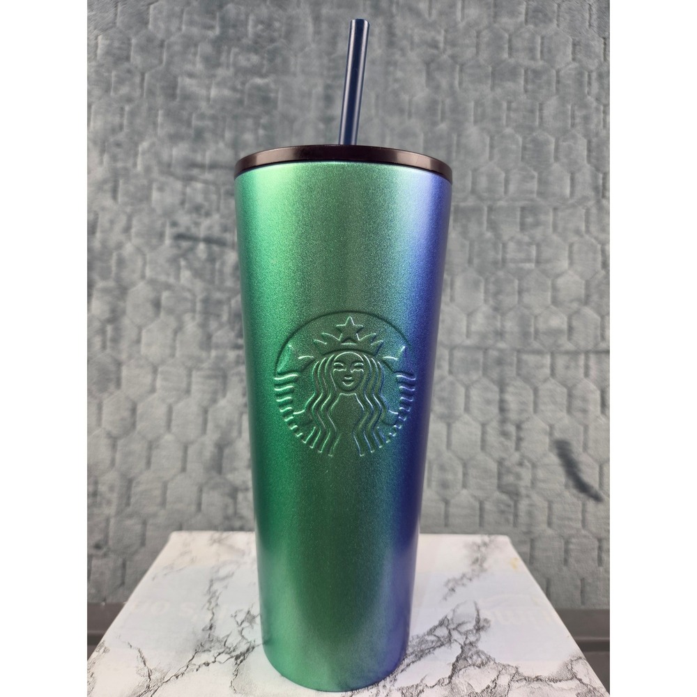 Starbucks 24oz Iridescent Green Blue Duo Chrome Stainless Steel Cold Cup Tumbler
